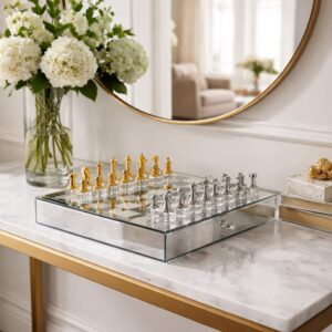 לוח שחמט מעוצב קריסטל כסף/זהב