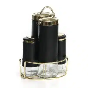 סט מלח פלפל שמן חומץ/ שחור מט על מעמד נירוסטה זהב