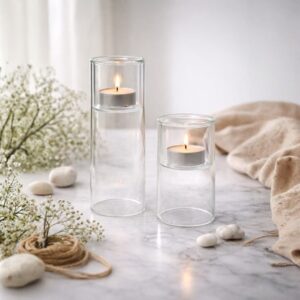 סט 2 מעמדי זכוכית שקופה לנר גבהים 10/16 ס''מ קוטר 6 ס''מ