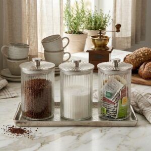 סט 3 צנצנות עם מכסה על מגש NICKEL BRASS